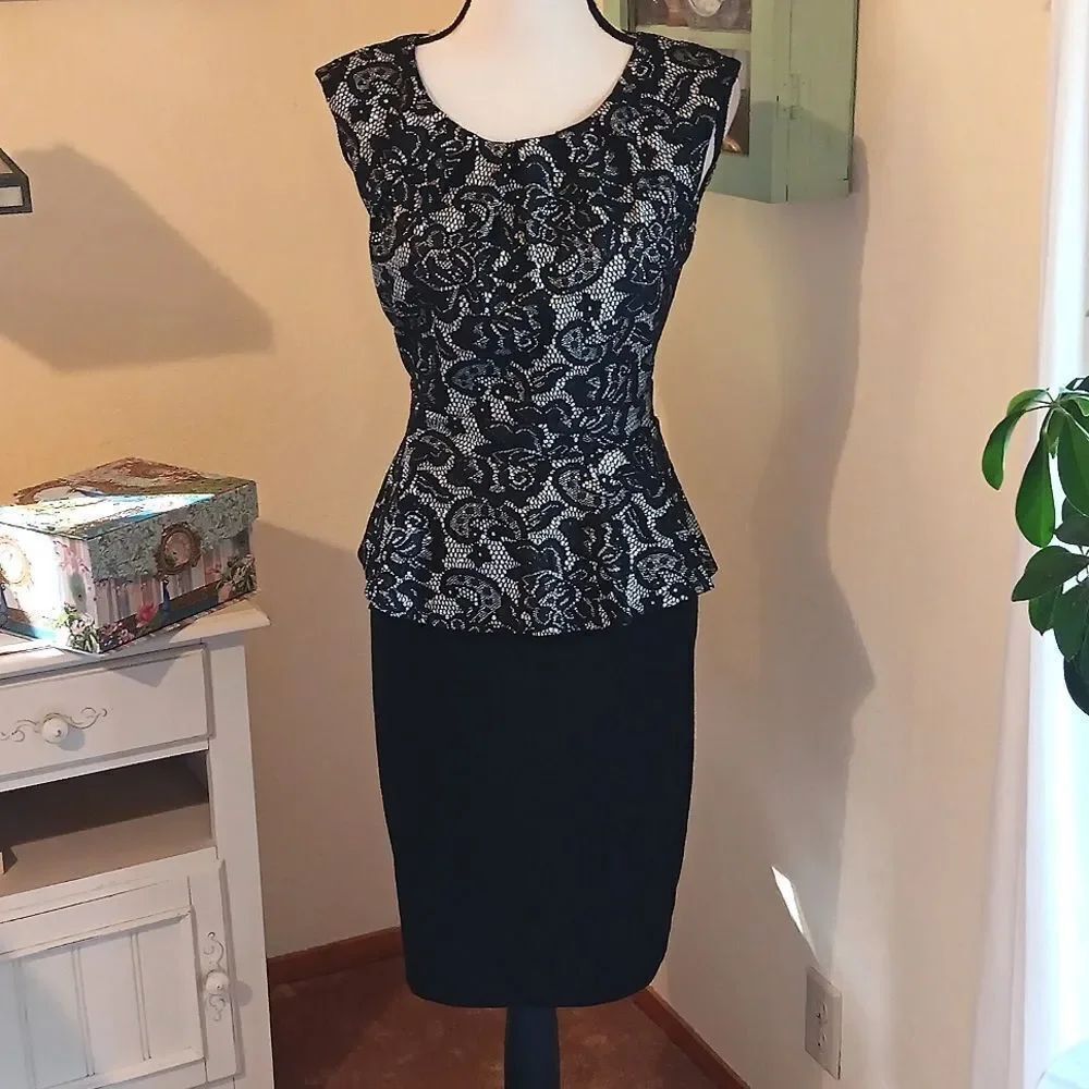 Enfocus Studio Black Peplum Dress with Sparkly Silver Lace Top.
